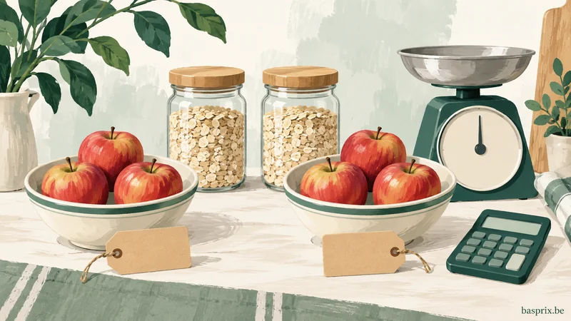 Illustration de deux paniers de pommes, de bocaux, d’une balance et d’une calculatrice.