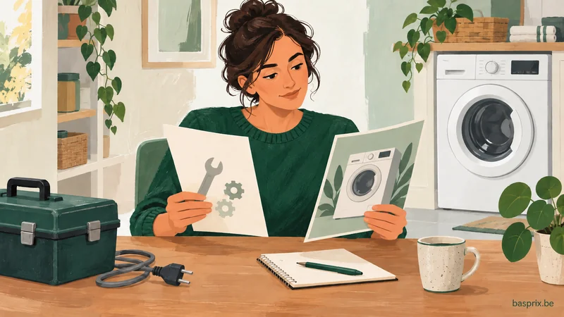 Illustration d’un adulte comparant des documents près d’un lave-linge fermé.