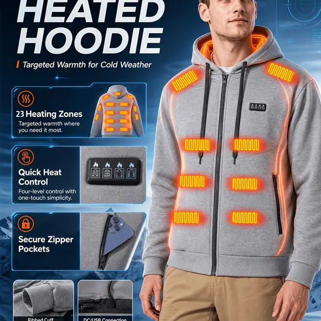 Manteau chauffant à capuche, trois réglages