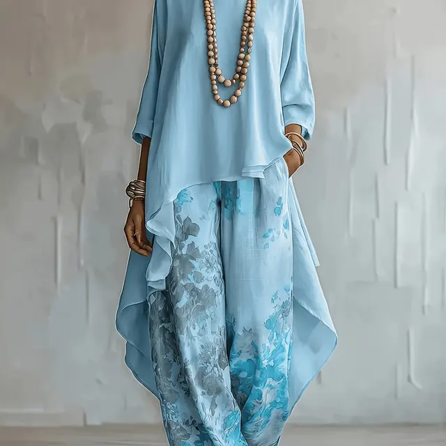 Haut uni et pantalon imprimé grandes tailles